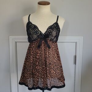 Y2K Leopard Mesh Babydoll Top Dress Size S Sheer Lace Sexy Trashy McBling Bimbo